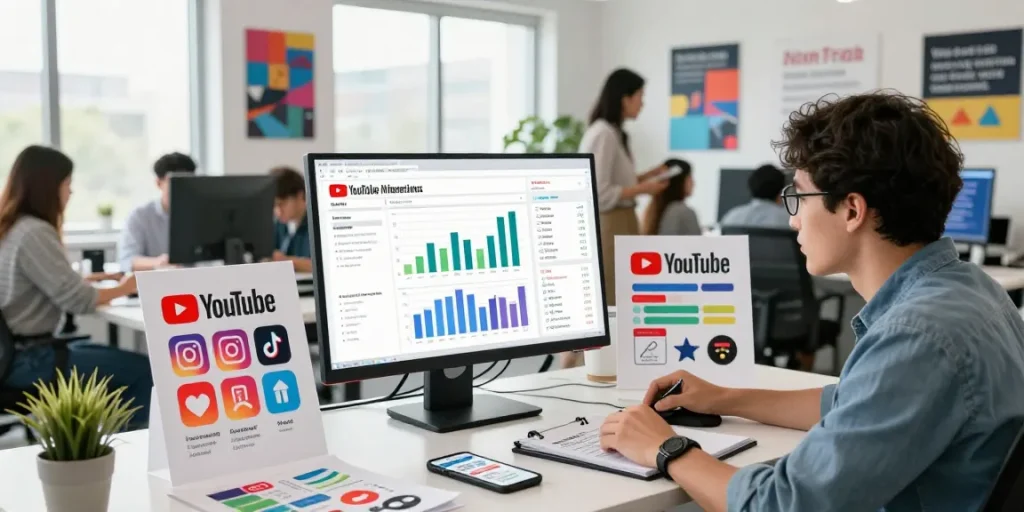 活気に満ちた現代的なオフィスでYouTubeの指標を分析する若いマーケティングプロフェッショナル。