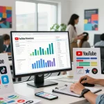 活気に満ちた現代的なオフィスでYouTubeの指標を分析する若いマーケティングプロフェッショナル。