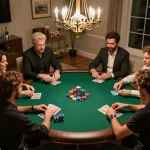 Experience the excitement of 78WIN poker night with friends enjoying a lively home game.