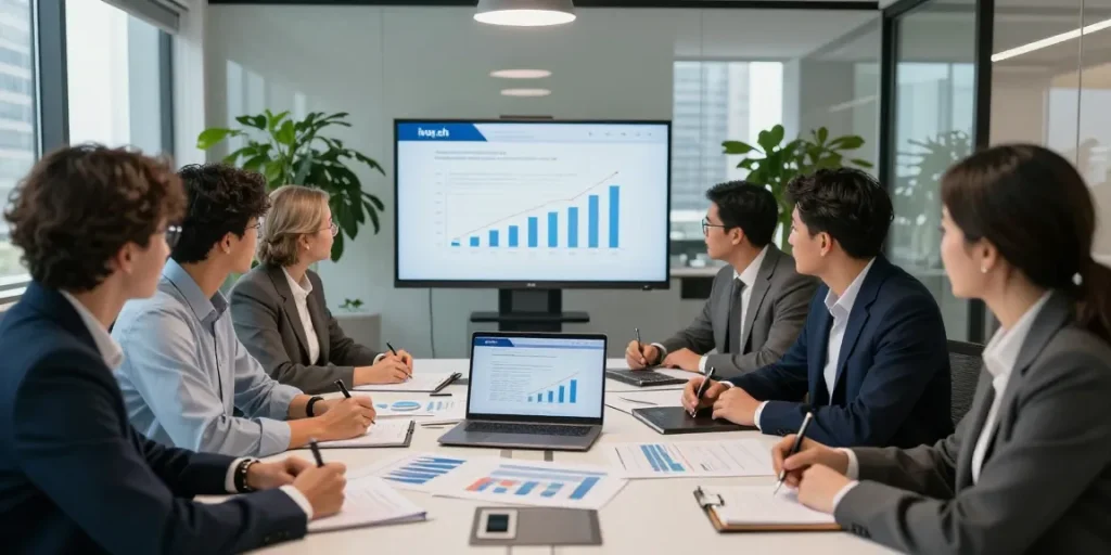 Strategic real estate investment meeting with professionals analyzing ivq.ch growth projections.