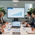 Strategic real estate investment meeting with professionals analyzing ivq.ch growth projections.