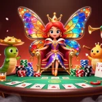 Open88 showcases a vibrant 3D cartoon scene featuring a butterfly queen and poker elements, celebrating gaming.