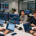 Traders at 업투익스체인지 analyzing cryptocurrency prices in a modern exchange environment.