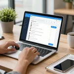 Using the Telegram web version in a modern office space with vibrant atmosphere and tech elements.