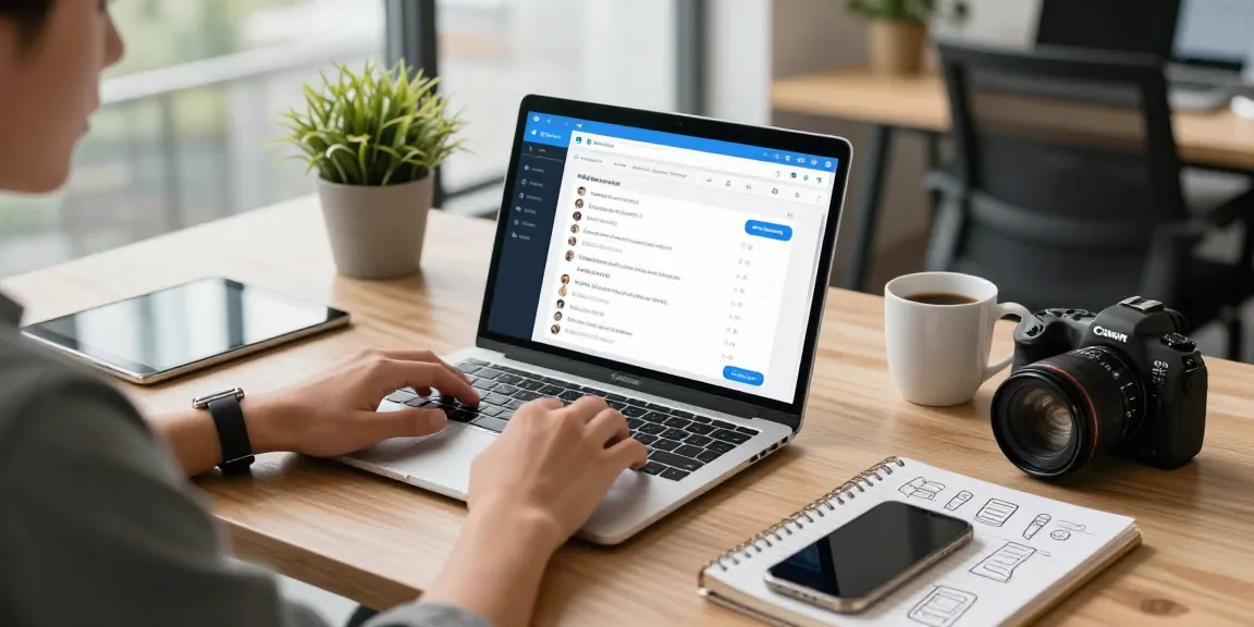 Using the Telegram web version in a modern office space with vibrant atmosphere and tech elements.