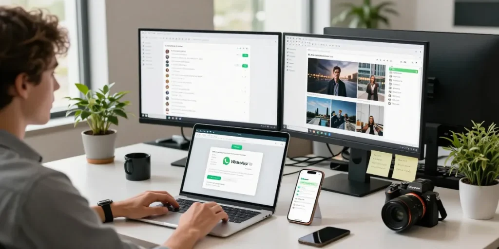 Engaging workspace showcasing WhatsApp網頁版 on laptop and smartphone, emphasizing digital communication.