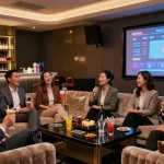 강남쩜오에서 고객들이 즐겁게 노래하고 있는 고급스러운 카라오케 룸의 모습