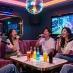 강남가라오케에서 친구들과 함께 즐겁게 노래하는 모습과 화려한 조명, 세련된 좌석 구조