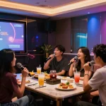강남쩜오의 고급스러운 노래방에서 손님들이 즐겁게 노래하는 모습