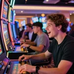 Exciting scene of a young man playing on a slot88 apk machine in a vibrant casino environment.