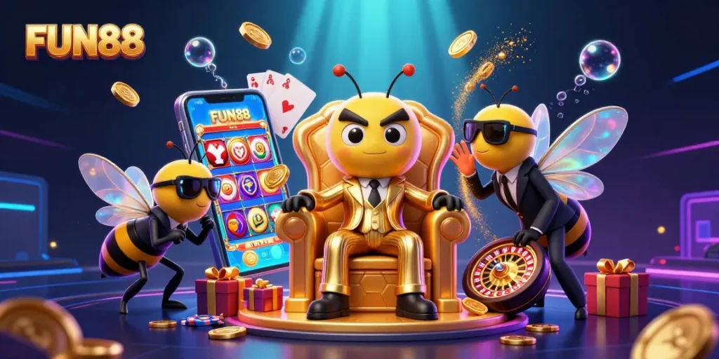 Experience FUN88 with vibrant slot games and thrilling characters in a dynamic casino scene.