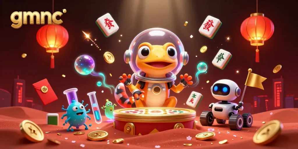 Explore gmnc's vibrant Martian casino with a gecko, celebrating gaming and risk analysis.