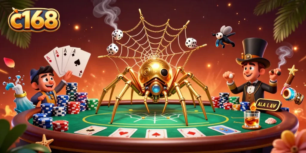 Engage with the thrilling world of c168, showcasing a playful steampunk spider entangling dice in a vibrant casino setting.