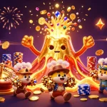 Engage in thrilling gameplay at uy88 with golden coins cascading from a victorious volcano amidst vibrant casino elements.