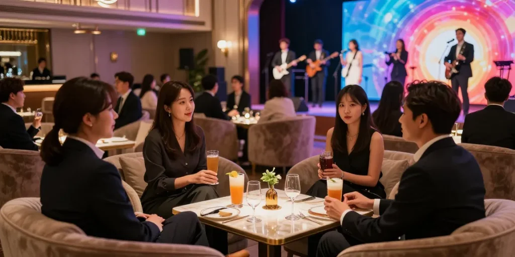 강남 구구단 쩜오의 고급스러운 룸살롱 분위기와 고객들의 즐거운 경험을 담은 이미지