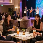 강남 구구단 쩜오의 고급스러운 룸살롱 분위기와 고객들의 즐거운 경험을 담은 이미지