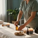 김포출장마사지 session setup with a professional therapist preparing a soothing home environment.