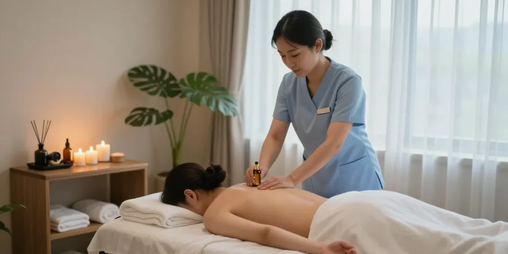 강남여성전용마사지 therapy in a serene spa environment with soft lighting.