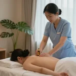 강남여성전용마사지 therapy in a serene spa environment with soft lighting.