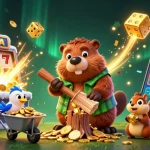 Experience the excitement of 78Win with a cartoon beaver collecting gold coins amidst a vibrant casino setting.