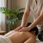 마사지 치료 중 아로마 오일을 사용하는 모습, 편안한 분위기에서의 마사지 공간