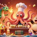 Experience thrilling 광명출장안마 with an octopus chef preparing jackpot reels amid floating cards.