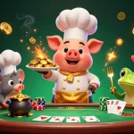 Engage with exciting online poker action as a gourmet chef pig serves gold coins amidst vibrant game elements.