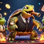 A vibrant online casino scene featuring a massive turtle in mobster attire with two bullfrog enforcers alongside, showcasing australianonlinecasino gaming excitement.