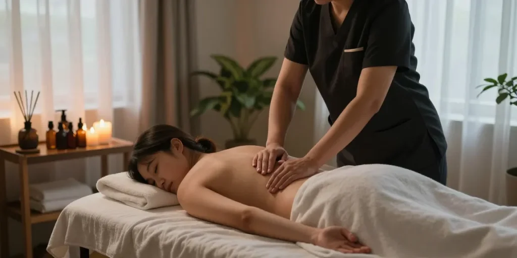 동탄마사지 전문가가 편안한 룸에서 마사지를 제공하는 모습